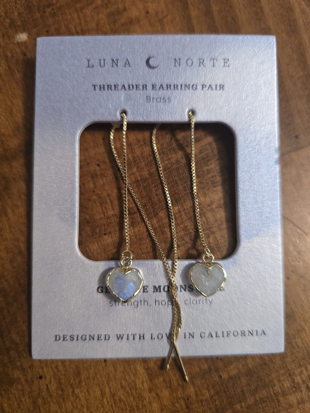 Gold Threader Heart Earrings with Bluish-Gray Gemstones